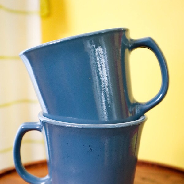 Vtg Corning Ware Pyrex D-Handle Milk Glass Coffee Mugs in Slate Blue #55 MCM
