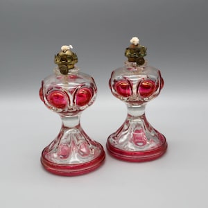 Vintage King's Crown Ruby Thumbprint / Bullseye Pressed Glass Miniature Oil Lamp | Cottagecore | Victorian | Americana | Nautical