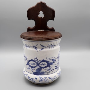 Vintage Delft-style Blue Onion Large Ceramic Salt Cellar Crock Wooden Wall Mount | Cottagecore | French Country | Old World | Dutch Colonial