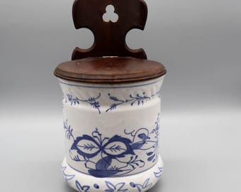 Vintage Delft-style Blue Onion Large Ceramic Salt Cellar Crock Wooden Wall Mount | Cottagecore | French Country | Old World | Dutch Colonial