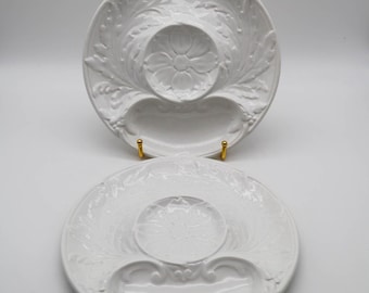 2 piatti da ostrica con carciofo in ceramica bianca di Gien, Francia, motivo floreale, 9" / stile francese, stile rustico, stile costiero