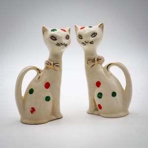 Vtg Atomic MCM Siamese Cat Ceramic Salt & Pepper Shakers &#39;50s Polka Dots Kitschy