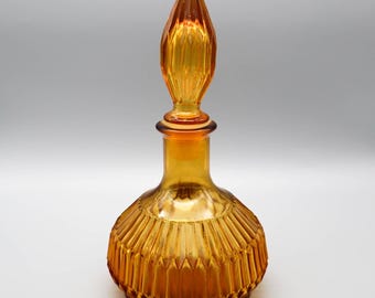 Decantador vintage Empoli de cristal ámbar con forma de botella de genio y tapón con óptica acanalada / Artículos de bar de mediados de siglo / Maximalista / Hollywood Regency