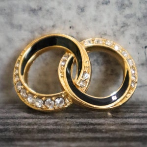 Vtg Trifari Double Circle Brooch Pin Rhinestone Enamel Gold Tone Contemproary '80s '40s Signed