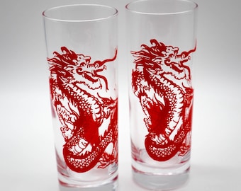 2 bicchieri da cocktail cinesi Red Dragon Highball Tom Collins Zombie / Barware / Tiki / Asiatico / MCM