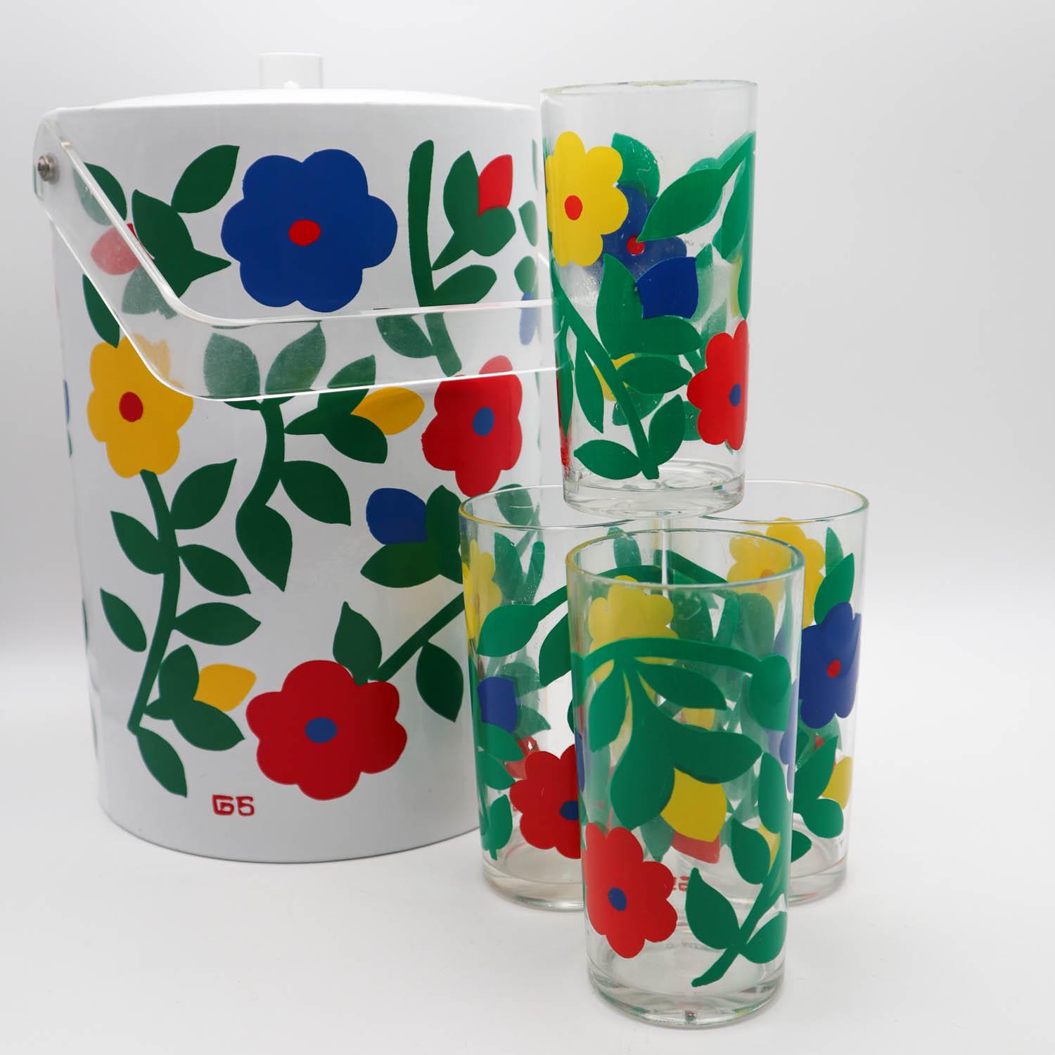 Set De 7 Pièces Verre à Fleurs Jaunes – 6 Verres + Seau à Glaçons + Porte-verre