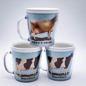 3 Vtg Nasco Plastic Cow Mugs Coffee Cups Holstein & Brown Swiss | Farmhouse | Country | Cottage