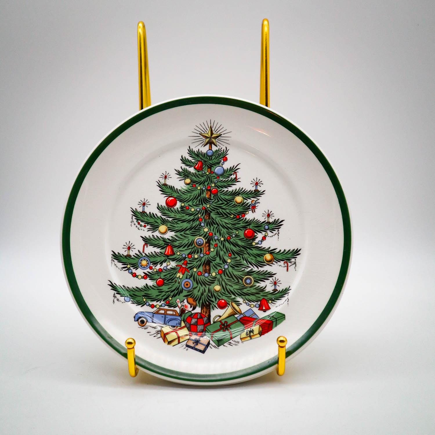 4 Vintage Cuthbertson Original Christmas Tree Salad Dessert Plates Green Stripe Made in England | Classic Christmas | Holiday Table