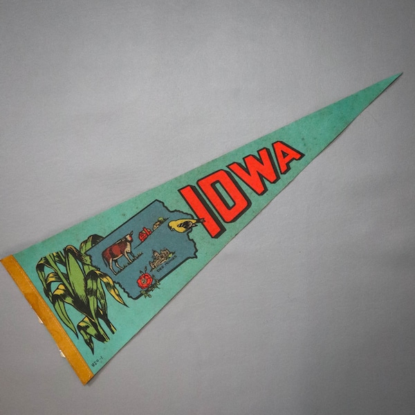 Vtg Iowa State Map Souvenir Travel Felt Pennant '60s MCM Des Moines