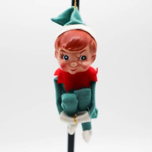 Vintage Knee-Hugger Pixie Elf Christmas Tree Ornament Green, Red, & White Felt Plastic Retro 1960s MCM