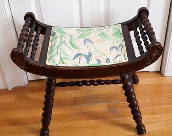 Vintage Victorian-style Carved Wood Vanity Bench Sewing Stool Walnut Upholstered | Cottagecore | Grandmillenial