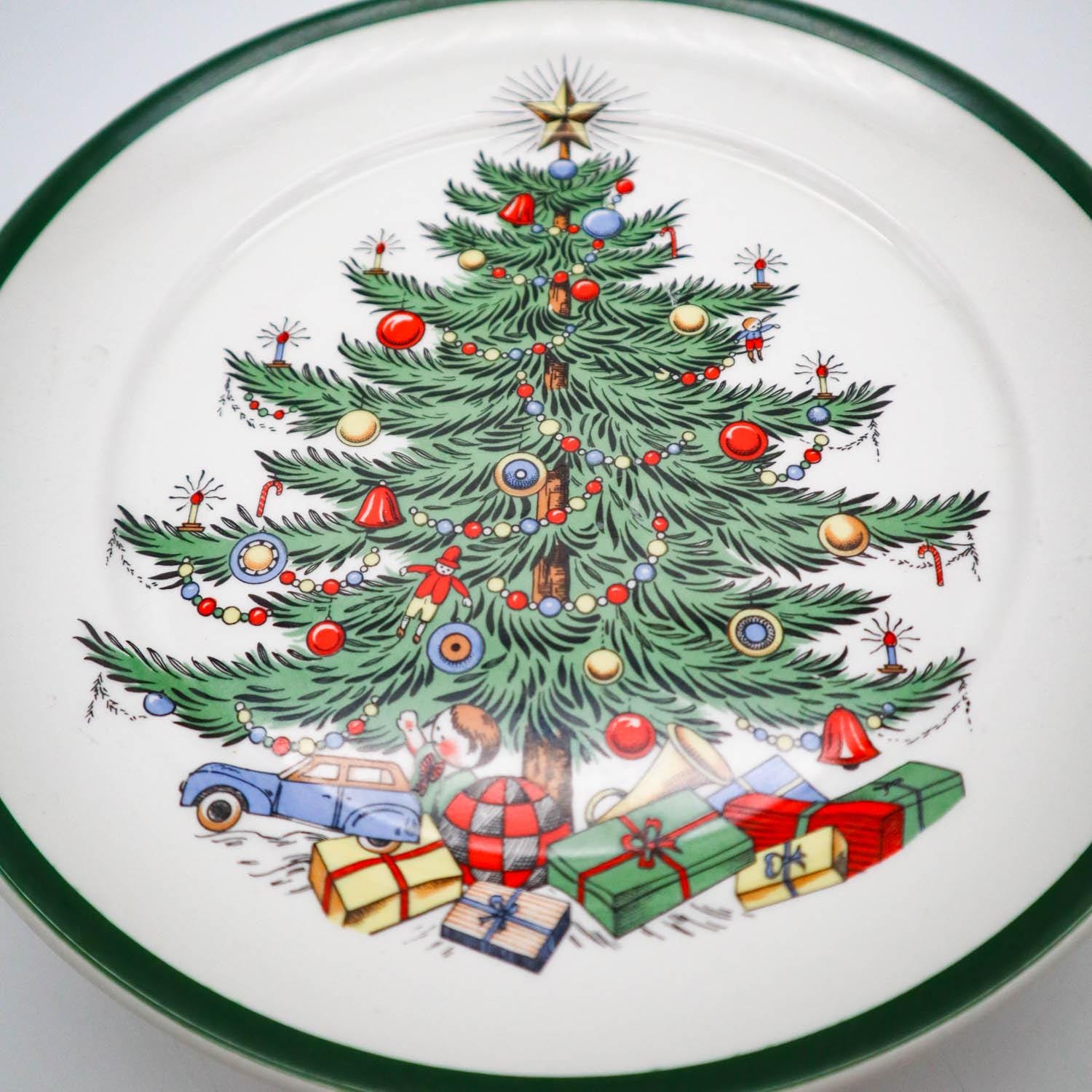 4 Vintage Cuthbertson Original Christmas Tree Salad Dessert Plates Green Stripe Made in England | Classic Christmas | Holiday Table