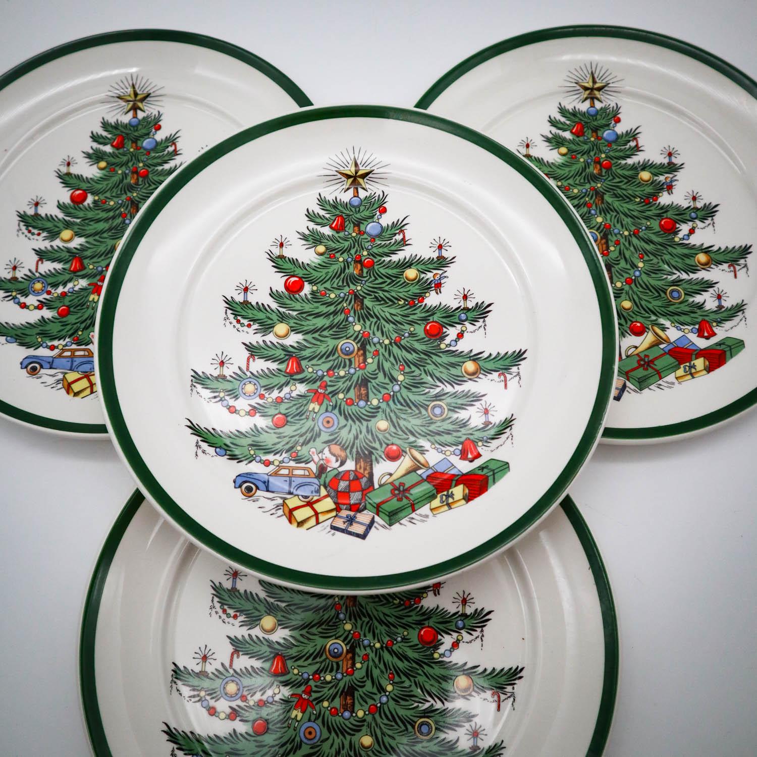 4 Vintage Cuthbertson Original Christmas Tree Salad Dessert Plates Green Stripe Made in England | Classic Christmas | Holiday Table
