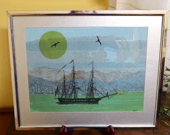 Vintage Jim Tillett-zeefdruk op stof ingelijste kunst gesigneerd Clipper Ship Seascape | Nautisch | Kust | MCM