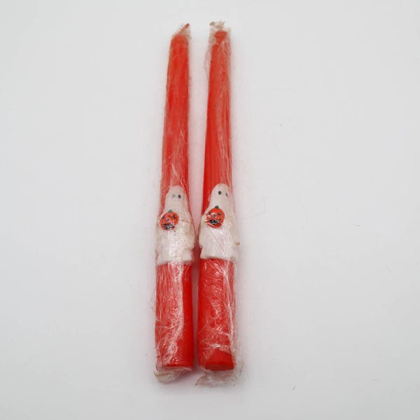 2 Vintage Halloween Taper Candles 10"H Orange w/ Ghosts Jack-o-Lanterns Spooky Decor