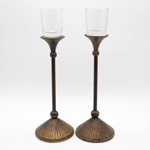 2 Vintage Tall Solid Brass Taper Candlestick or Votive Candle Holders w/ Patina | Art Deco | Coastal | Nautical