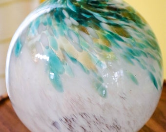 Hand Crafted Blown Art Glass Sphere Gazing Ball Paperweight Sculptur Teal, White, & Gold HQT