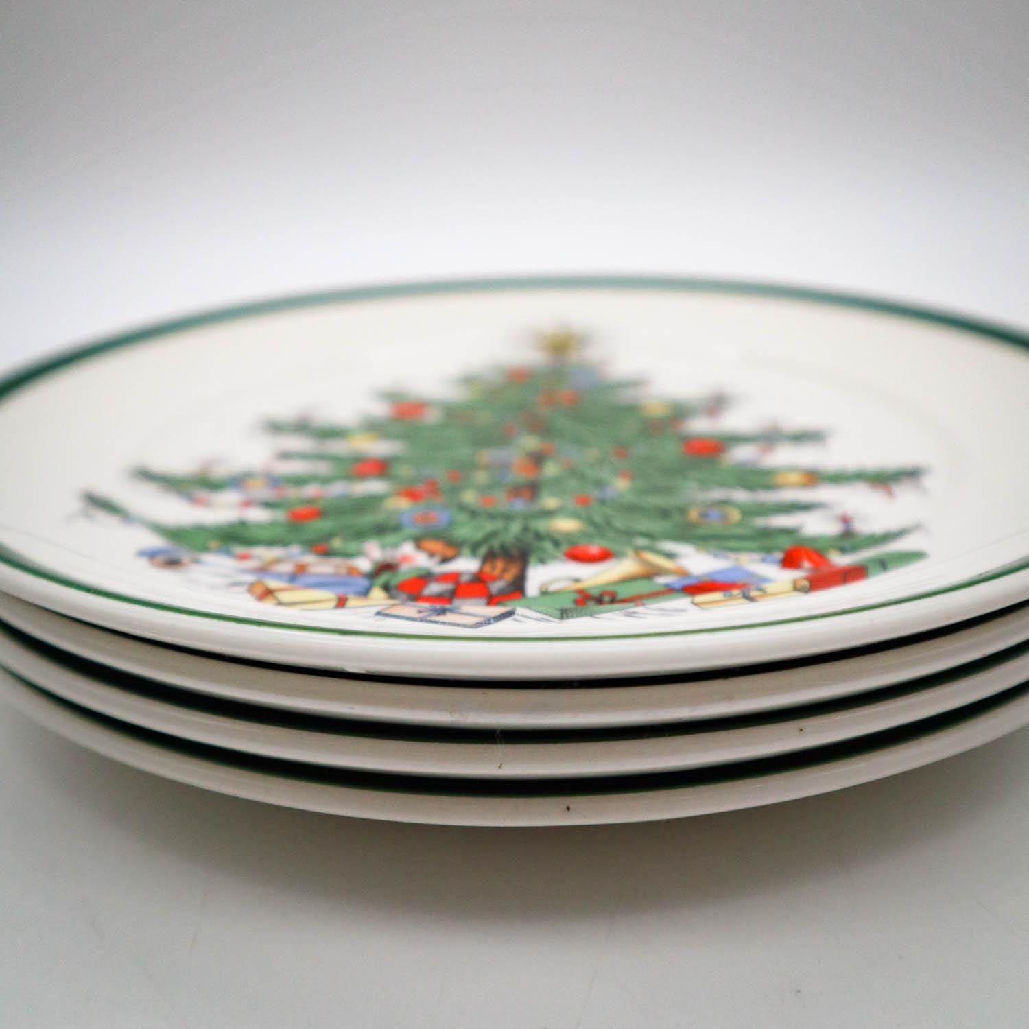4 Vintage Cuthbertson Original Christmas Tree Salad Dessert Plates Green Stripe Made in England | Classic Christmas | Holiday Table