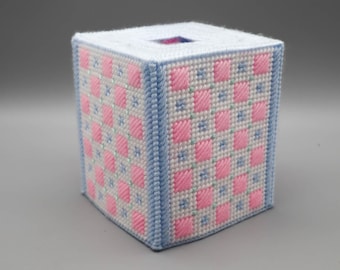 Vintage Handmade Plastic Canvas Needlepoint Tissue Box Cover Pink Blue White Retro