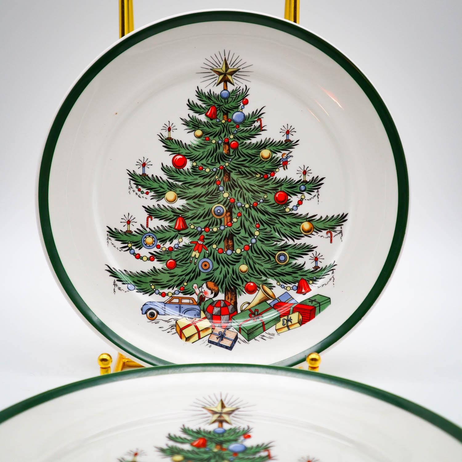 4 Vintage Cuthbertson Original Christmas Tree Salad Dessert Plates Green Stripe Made in England | Classic Christmas | Holiday Table