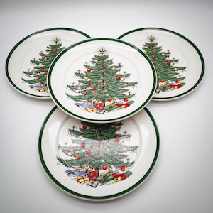 4 Vintage Cuthbertson Original Weihnachtsbaum Salat Dessertteller Grüner Streifen Made in England | Klassische Weihnacht | Festtagstisch