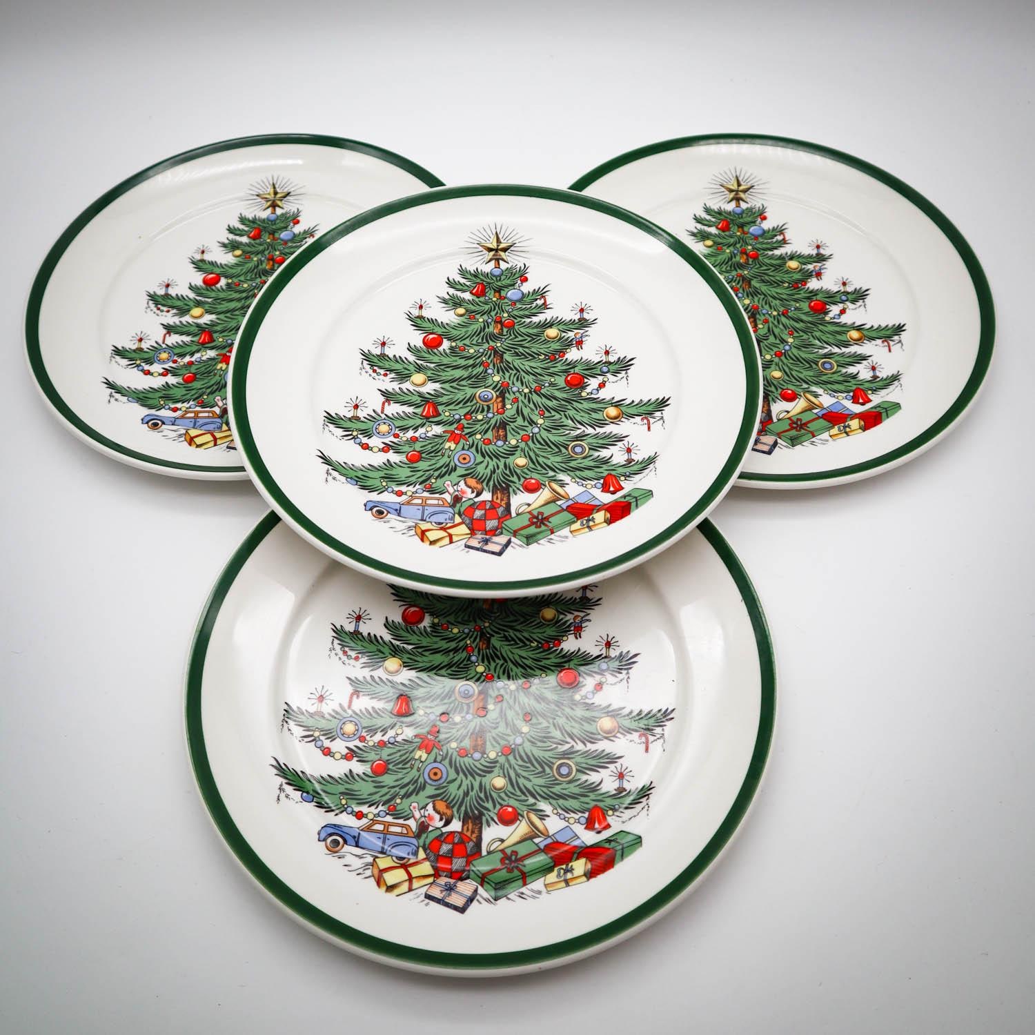 4 Vintage Cuthbertson Original Christmas Tree Salad Dessert Plates Green Stripe Made in England | Classic Christmas | Holiday Table