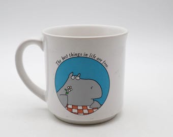 Vintage Sandra Boynton Coffee Mug Hippo The Best Things In Life Are Free '90s Recycled Paper Products | Kawaii | Dopamine Decor | Quirky