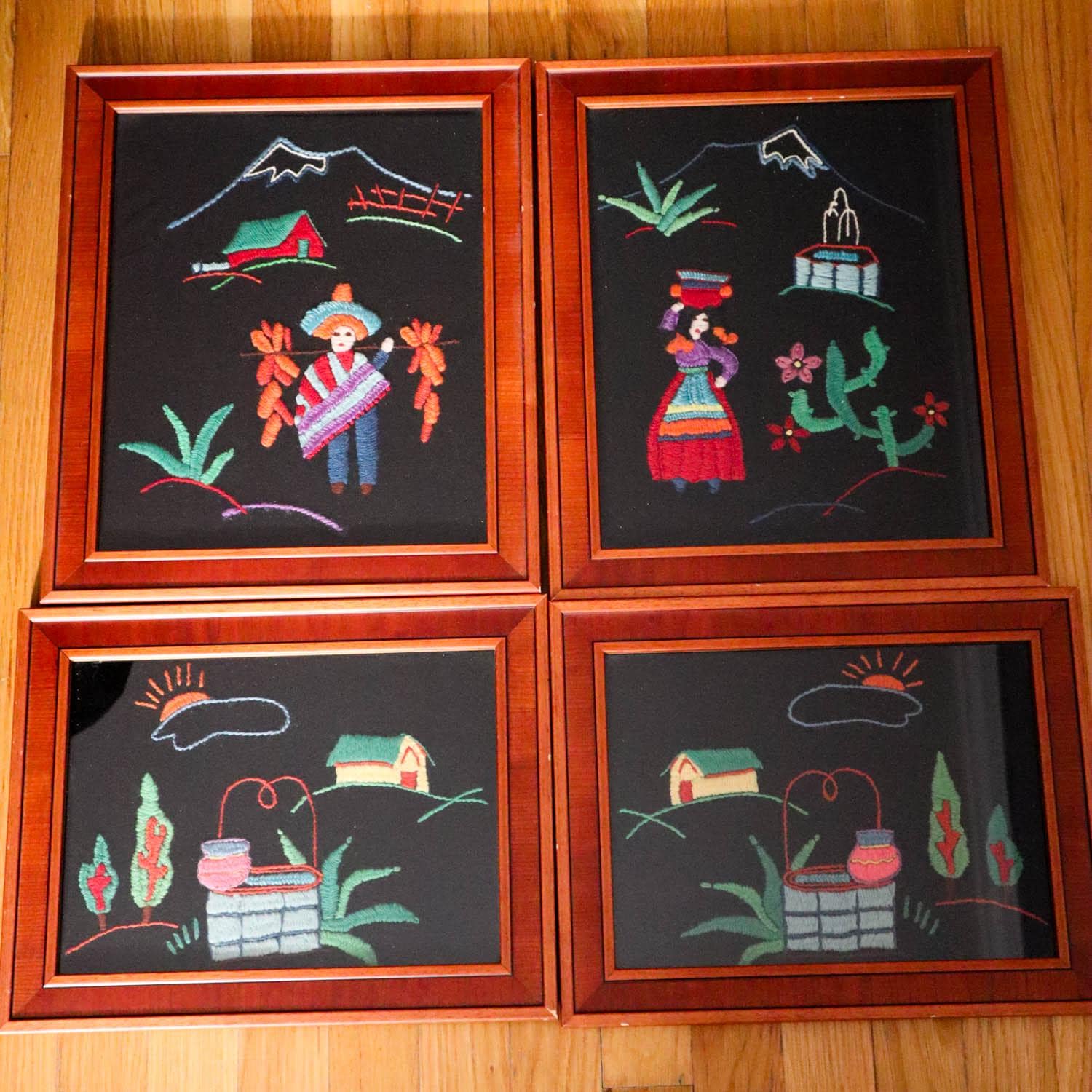 4 Vintage Handmade Peruvian or Mexican Folk Art Village Crewel Embroidery Framed Boho Southwestern Global