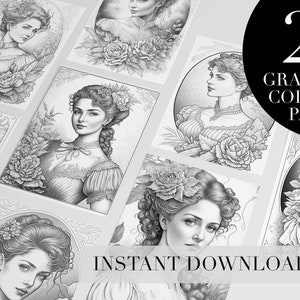 Printable Coloring Book for Adults Beautiful Victorian Ladies Coloring Pages Grayscale Adult Coloring Book Instant Download Vintage