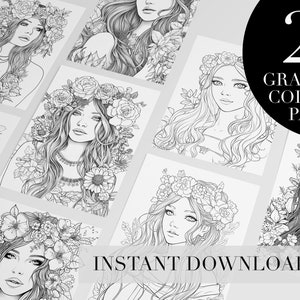 Printable Coloring Book for Adults Beautiful Boho Women Flower Crowns Coloring Pages Grayscale Adult Coloring Book Instant Download Desert