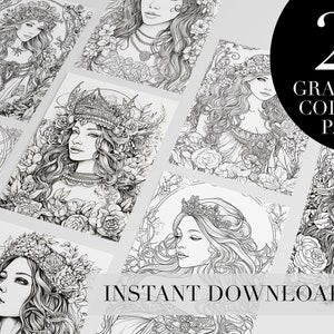 Printable Coloring Book for Adults Fairytale Princess Queen Romantic Coloring Pages Grayscale Adult Coloring Book Instant Download Desert