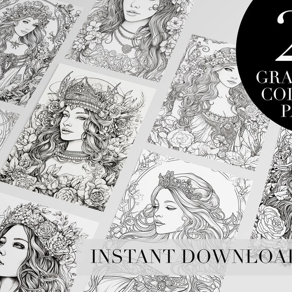 Printable Coloring Book for Adults Fairytale Princess Queen Romantic Coloring Pages Grayscale Adult Coloring Book Instant Download Desert