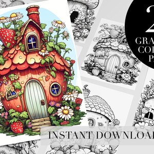 Cute Strawberry Houses Adult Coloring Book, 20 Adorable Coloring Pages, Instant Download, Light Grayscale Coloring, Printable PDF