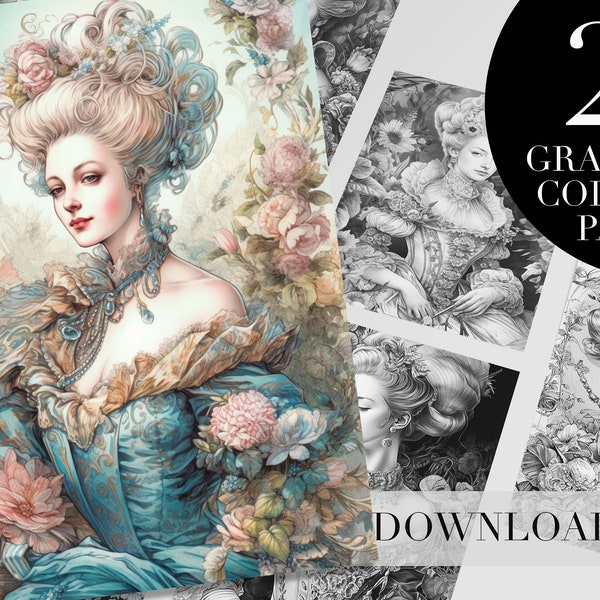 Printable Adult Coloring Book Marie Antoinette Coloring Pages Grayscale Adult Coloring Pages Instant Download Vintage