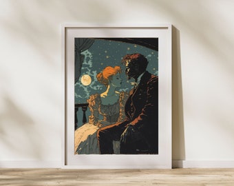 Arte de pared vintage, vintage vibrante, arte de pared imprimible, descarga digital, pintura romántica, pareja en el balcón, luna y estrellas, arte del amor