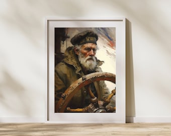 Vintage scheepskapitein olieverfschilderij | Antiek nautisch schilderij | Zeegezichtkunst voor papa | Barok maritiem oceaanlandschap | Muurkunst voor visser