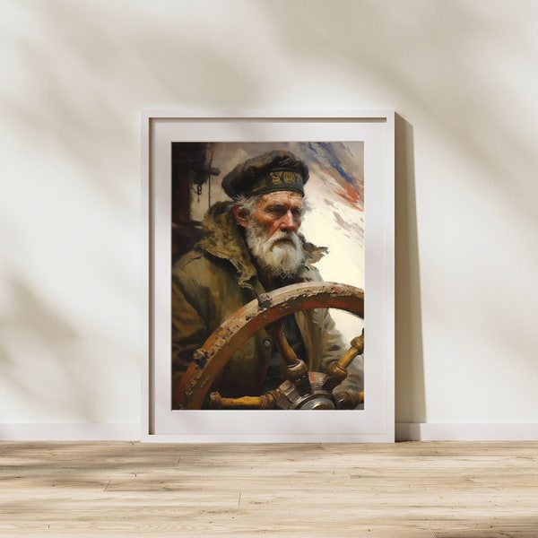 Vintage Ship Captain Oil Painting | Antique Nautical Painting | Seascape Art For Dad | Baroque Maritime Oceanscape | Wall Art for Fisherman