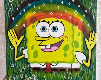 SpongeBob Whimsical Garden Painting: Cartoon Fan Art, Acrylic on Canvas