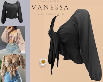 Tie Front Ruffled Top, Modèle de couture PDF, Modèle de couture pour femmes, Modèle de crop top tendance, modèle de haut d’été, patrons de couture,