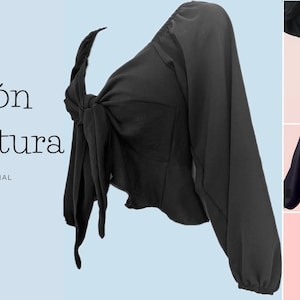 Może przedstawiać: Czarny top z długim rękawem i wiązaniem z przodu. Top jest krótki i ma lekko bufiasty rękaw. W obrazie widoczny jest tekst "Patrón de Costura" i "VIDEO TUTORIAL".