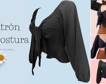 Patrón de costura fácil, Patrón de mujer, Patrón de blusa con nudo delantero, Patrón de top, Patrón de blusa de amarrar enfrente con olán