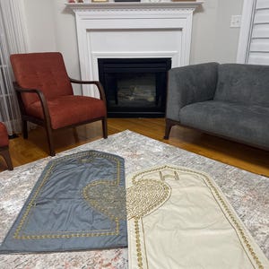 Couple's Prayer Rug Set, Interlocking Heart Design, Islamic Wedding Gift, Nikah Gift, Muslim Anniversary Gift, Eid Gift, Janamaz Gray-cream-gold