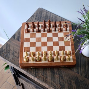 Handcrafted Wooden Chess Set - 14&quot; Folding Magnetic Travel Board - Sheesham and Maple Chess Set - Ideal Gift for Him