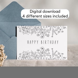 Printable birthday card with flowers, Floral birthday card, Printable wildflower cards, Digital download birthday card, Flower Birthday card