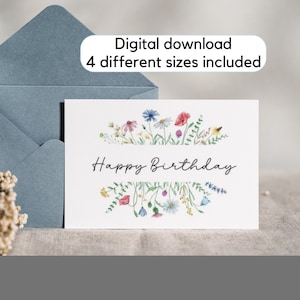 Printable birthday card with flowers, Floral birthday card, Printable wildflower cards, Digital download birthday card, Flower Birthday card