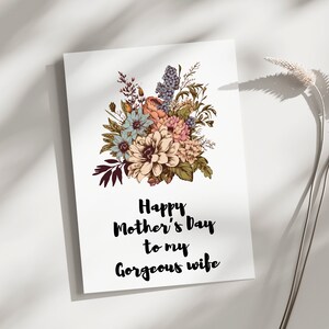 Tarjeta del día de la madre de flores para esposa, mi hermosa esposa, tarjeta del día de las madres para la esposa, tarjeta romántica del día de las madres, ramo de flores, flores vintage