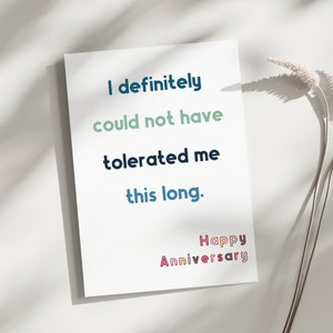 Tarjeta de aniversario imprimible, Tarjeta para esposo, esposa, novio, novia, pareja, Tarjeta de aniversario linda, Tarjeta para él, ella, tolerándome