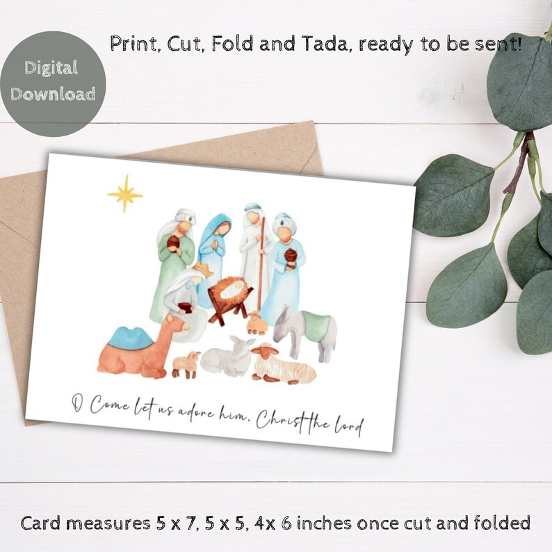 Printable Christmas Card, Nativity Scene, Watercolor Nativity