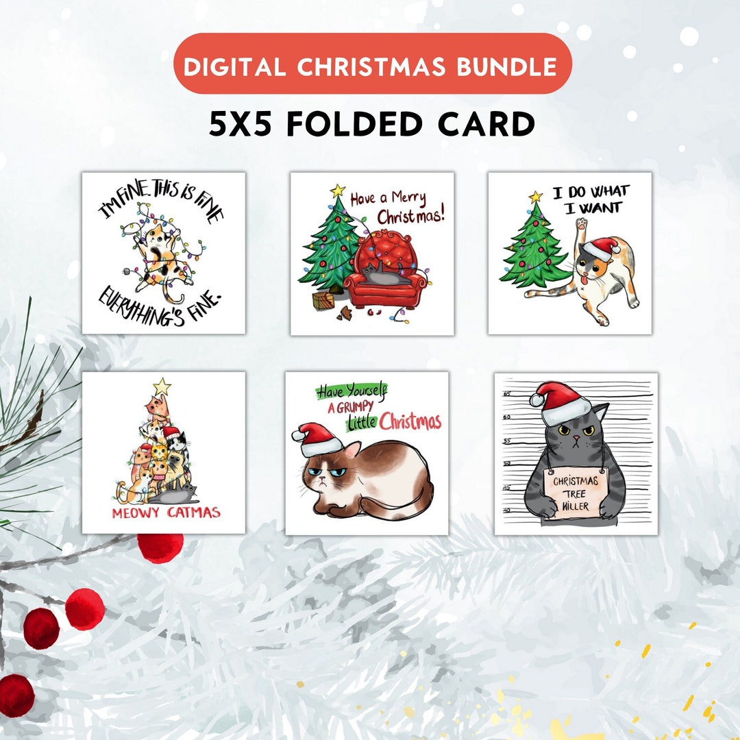 Printable Sarcastic Christmas Card Bundle, Funny Cat Christmas Card ...