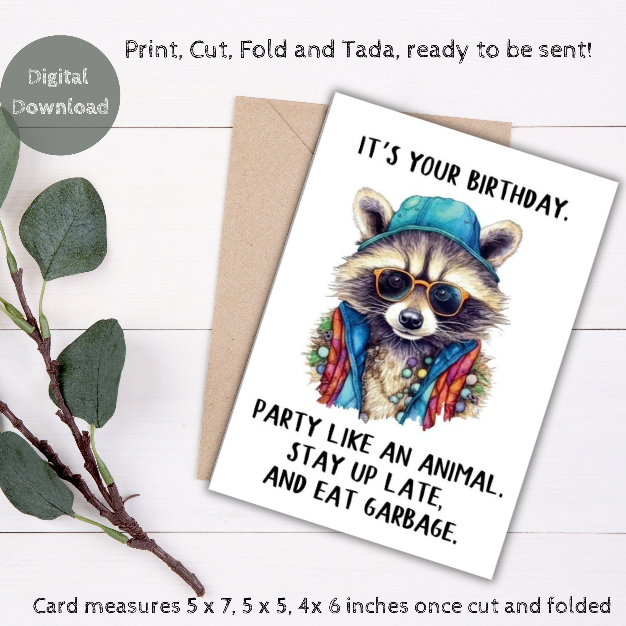Printable Birthday Card, Printable Raccoon Birthday Card, Digital ...